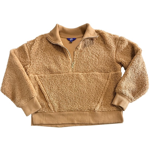 JoyLab Tops - JoyLab Pullover Women M Brown Sherpa Faux Fur Quarter‎ Zip Kangaroo Pocket Cozy